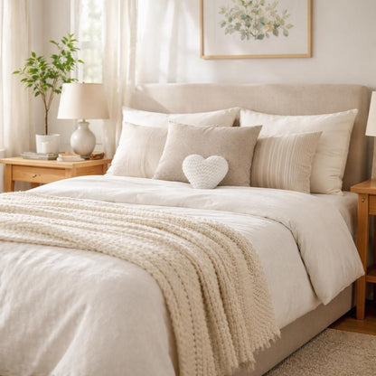 Handmade Crochet Heart Pillow – White Plush Cushion Decor