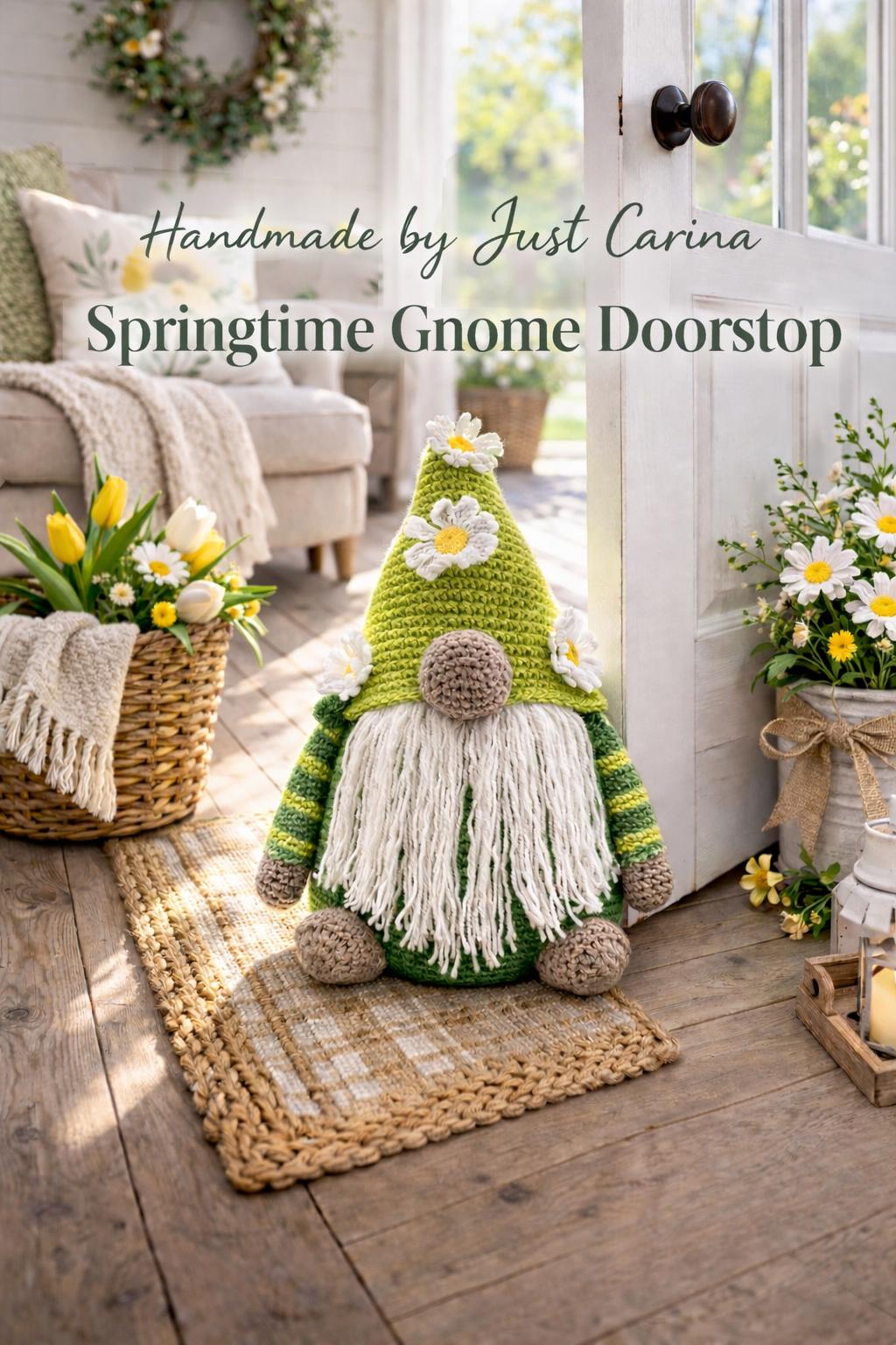 Springtime Gnome Doorstop | Handmade Crochet Decor