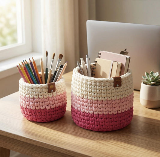 Pink Ombre Crochet Storage Baskets | Handmade T-Shirt Yarn Home Decor