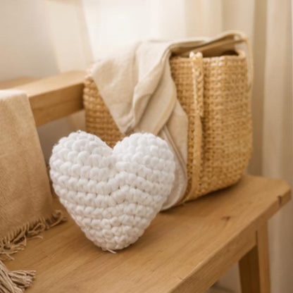 Handmade Crochet Heart Pillow – White Plush Cushion Decor