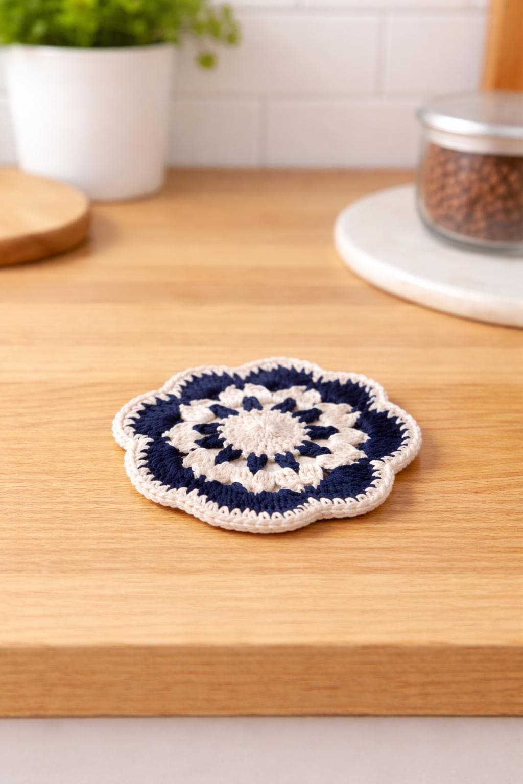 Seaside Lace - Handmade Crochet Coaster – Navy & Cream Coaster