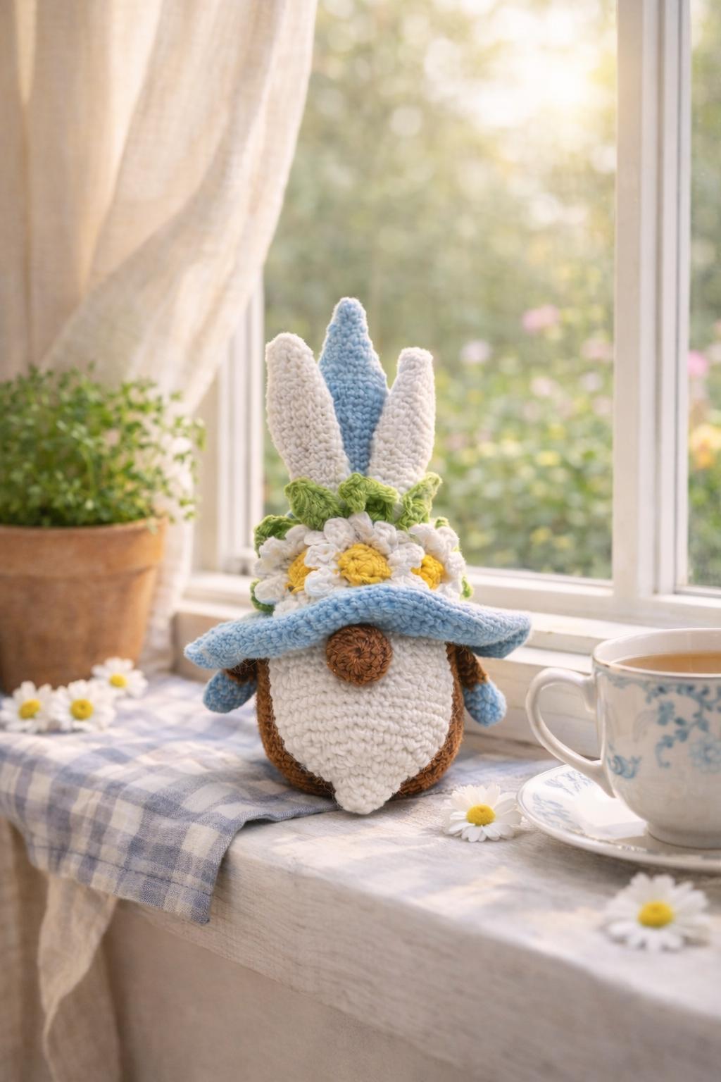 Crochet Bunny Gnome Plush | Daisy Flower Hat Easter Decor
