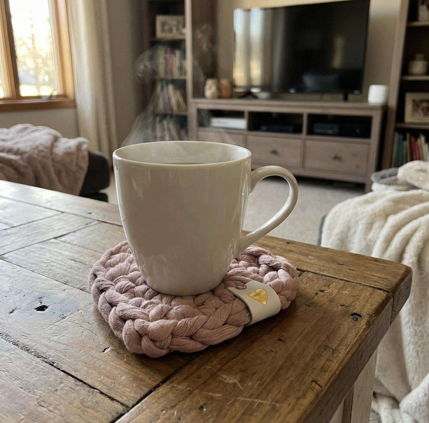 Heart-Shaped Macramé Coaster – Handmade Cotton Drink Coaster