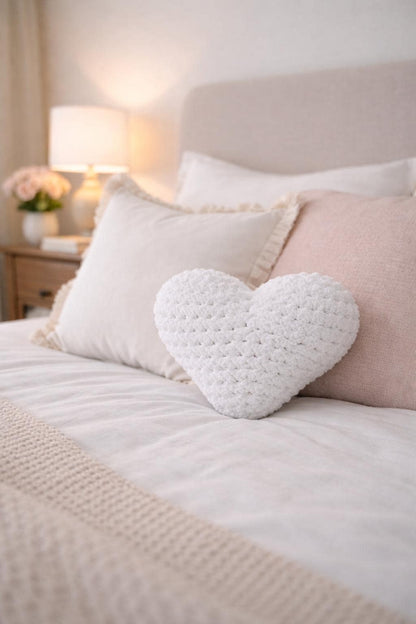 Handmade Crochet Heart Pillow – White Plush Cushion Decor