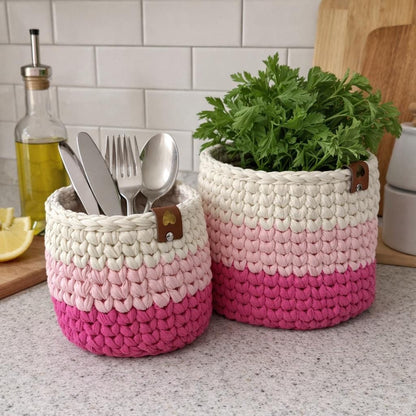 Pink Ombre Crochet Storage Baskets | Handmade T-Shirt Yarn Home Decor