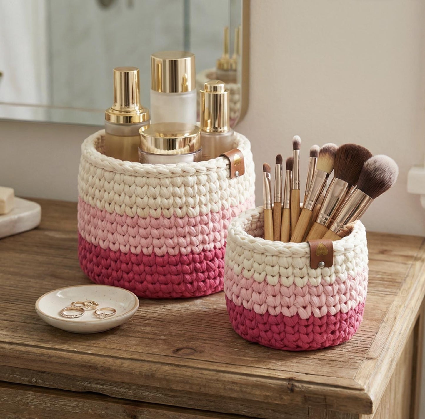 Pink Ombre Crochet Storage Baskets | Handmade T-Shirt Yarn Home Decor