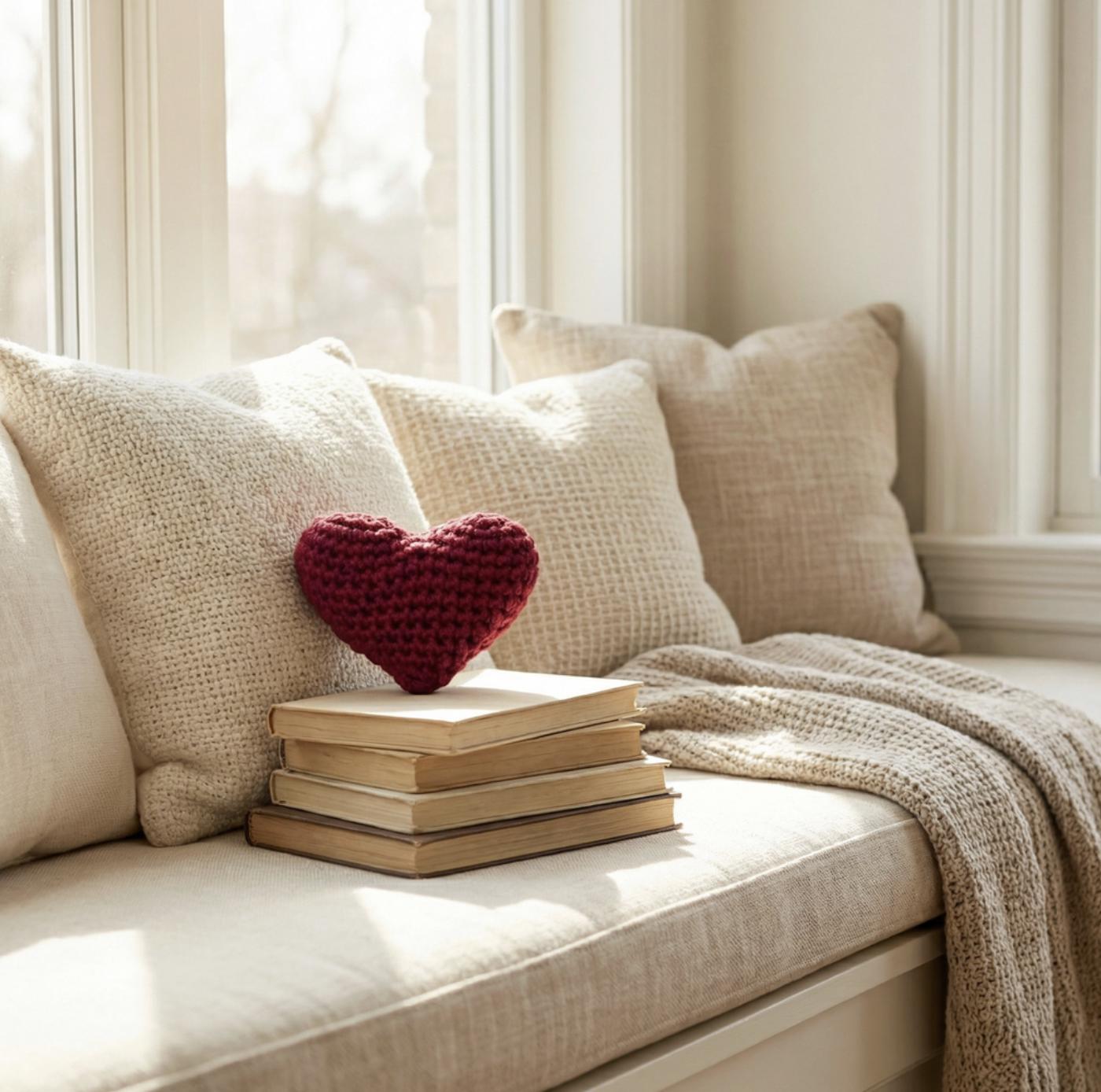 Handmade Crochet Heart Pillow – Red Plush Cushion